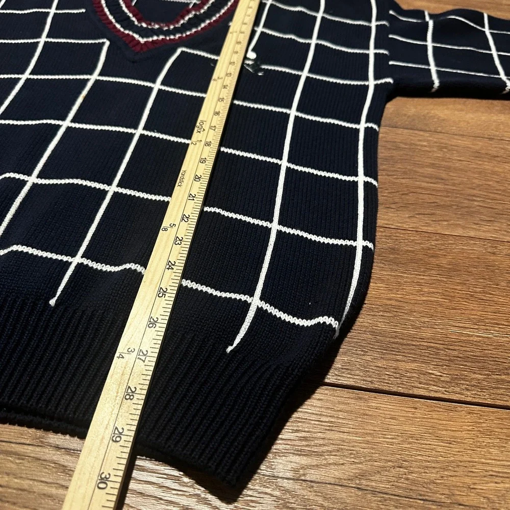 Vintage John Ashford Navy Blue Grid Golf V-Neck Sweater Mens Large